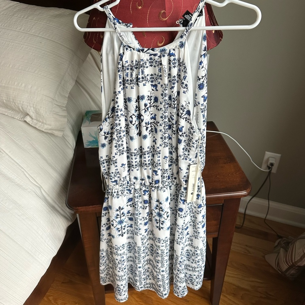 Aqua Blue and White Flowered Short Dress